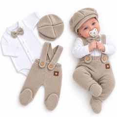Pletená souprava Gentleman 3D, body, polodupačky s láclem, čepička, béžová, 56 Pletená souprava Gentleman 3D, body, polodupačky s láclem, čepička, béžová, 56
