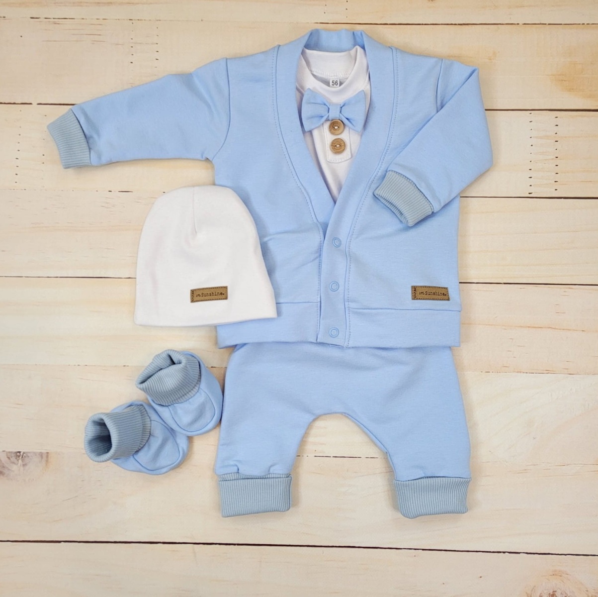 Bavlněná sada, body, kalhoty, motýlek a čepice Elegant Boy 5D, Kazum, modrá/bílá, vel. 62