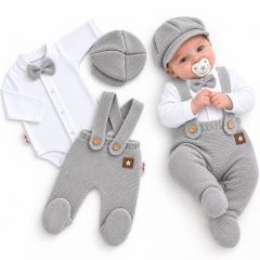 Pletená souprava Gentleman 3D, body, polodupačky s láclem, čepička, šedá (2)