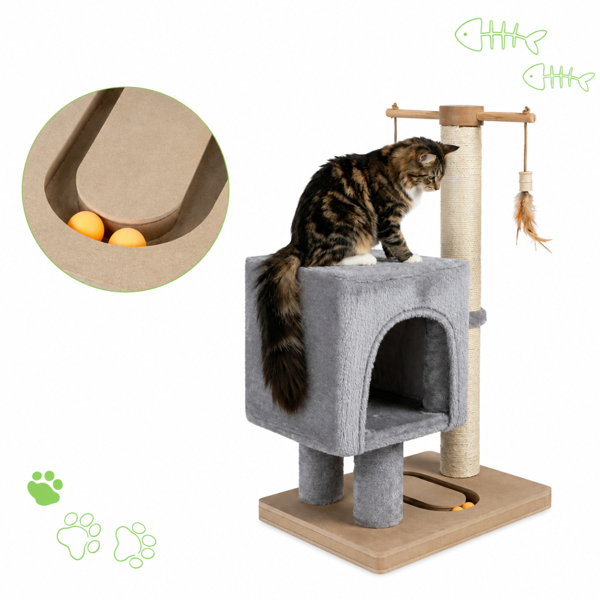 Škrabadlo pro kočky Cat Tree 64 cm s úkrytem – MDF, sisal, plyš, světle šedá