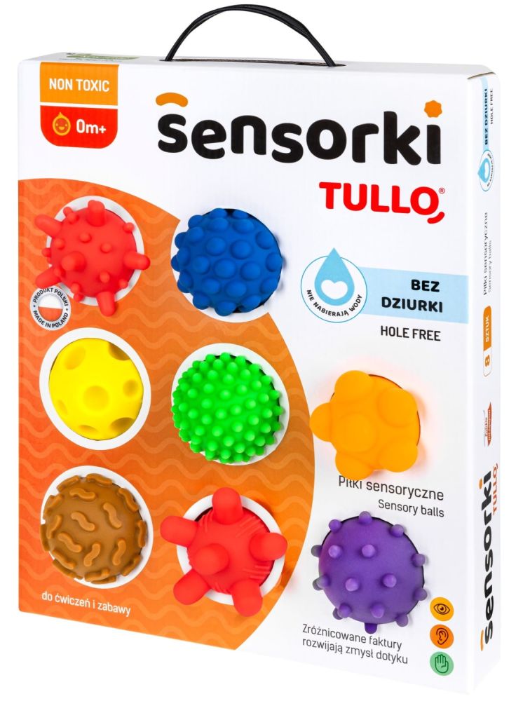 Tullo Senzorické míčky barevné 8 ks bez dírek – 59–77 mm, 0m+