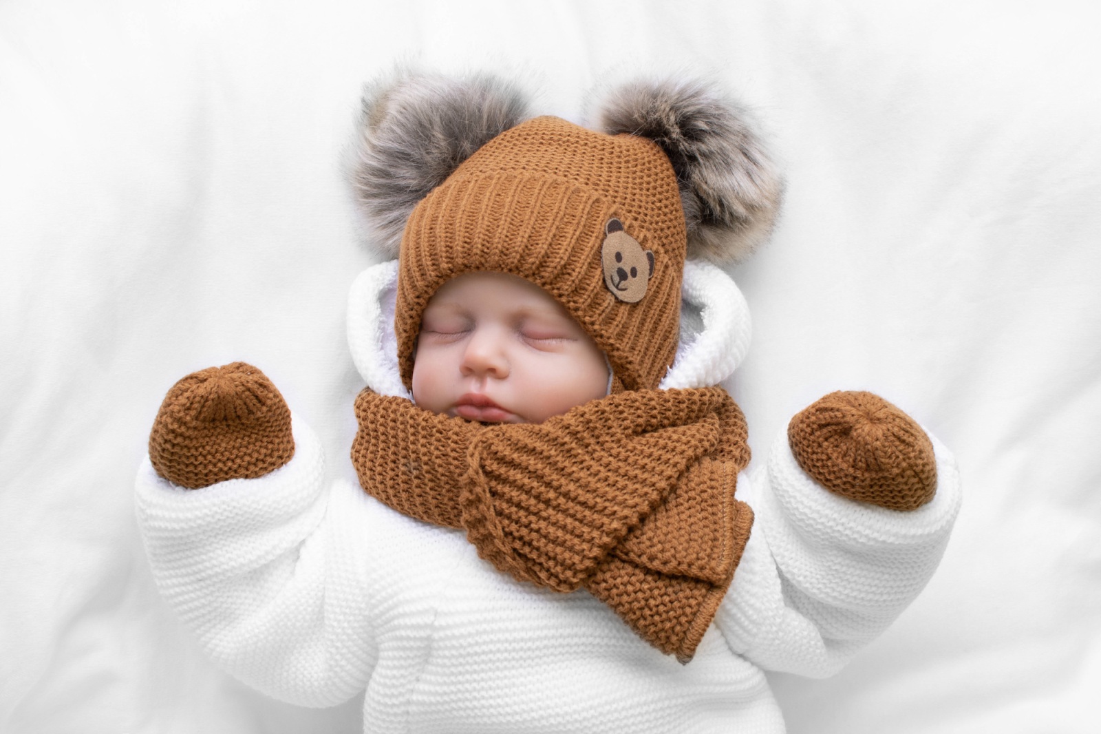 Dětská sada, zimní čepice s šálou + rukavičky 3D, Teddy Bear - hnědá