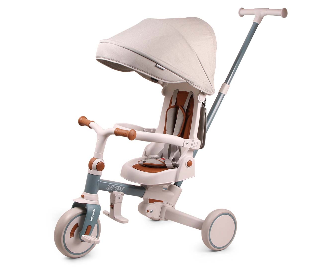 Dětská tříkolka 5v1 ZIPPY otočné sedadlo 180° – odrážedlo s vodící tyčí, modré