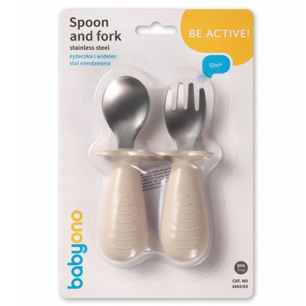 Dětský jídelní set BabyOno – silikonový talíř s přísavkou + příbory nerez/silikon, béžová
