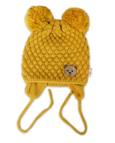 Zimní pletená čepice Teddy Bear na zavazování, hořčicová, Baby Nellys (3)