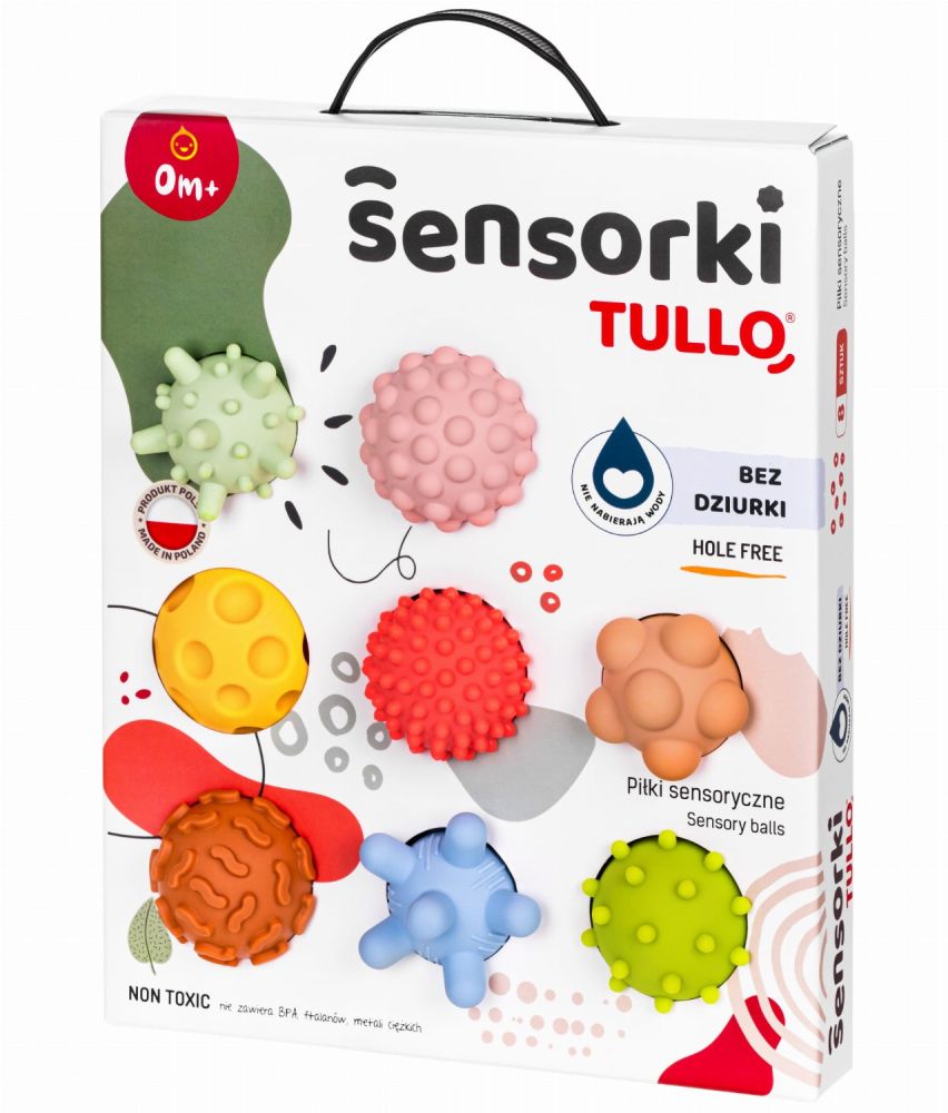 Tullo Senzorické míčky pastelové 8 ks bez dírek – 59–77 mm, 0m+