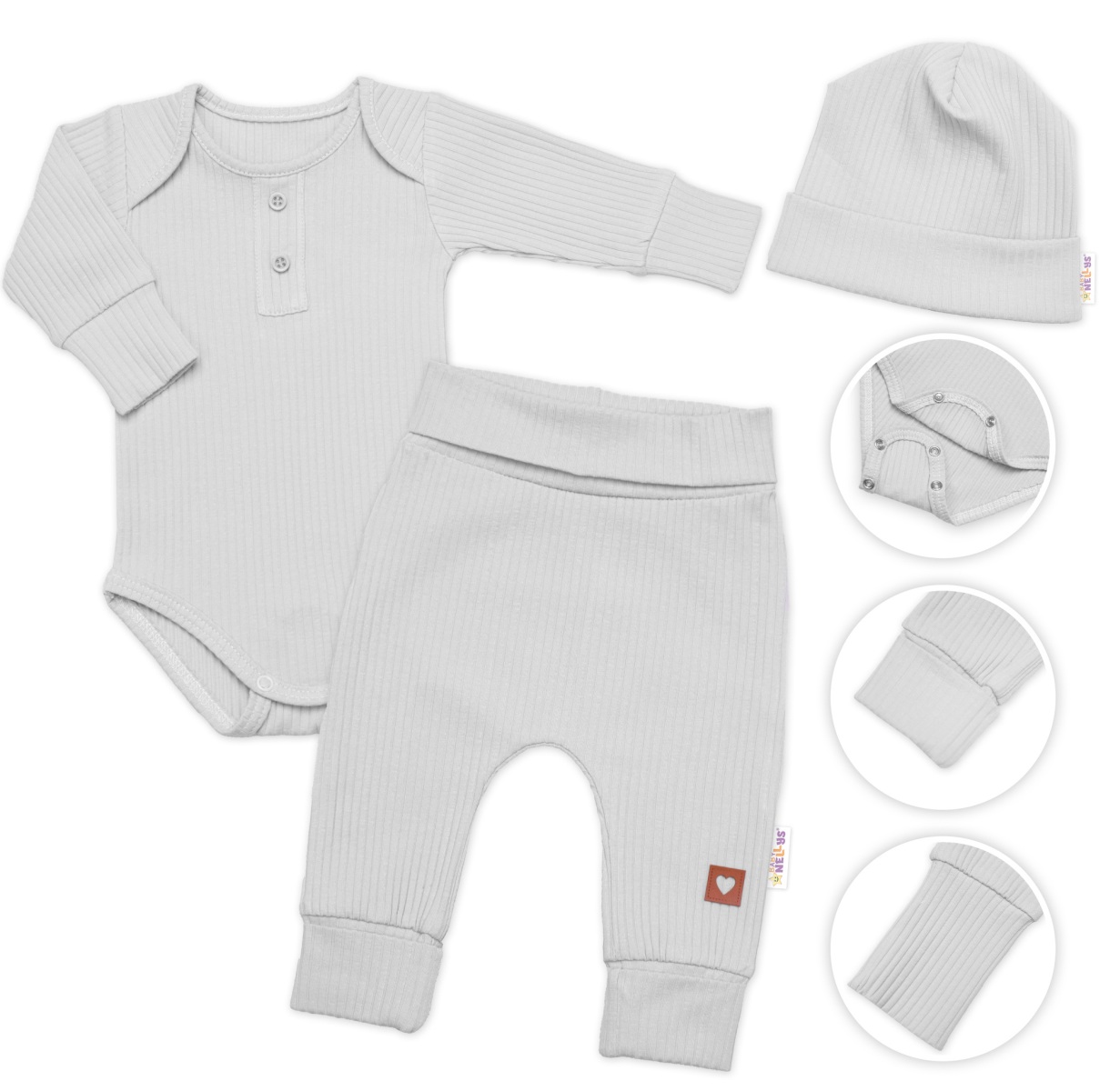 Žebrovaná rostoucí souprava 3D, Baby Boy - šedá, vel. 68/74