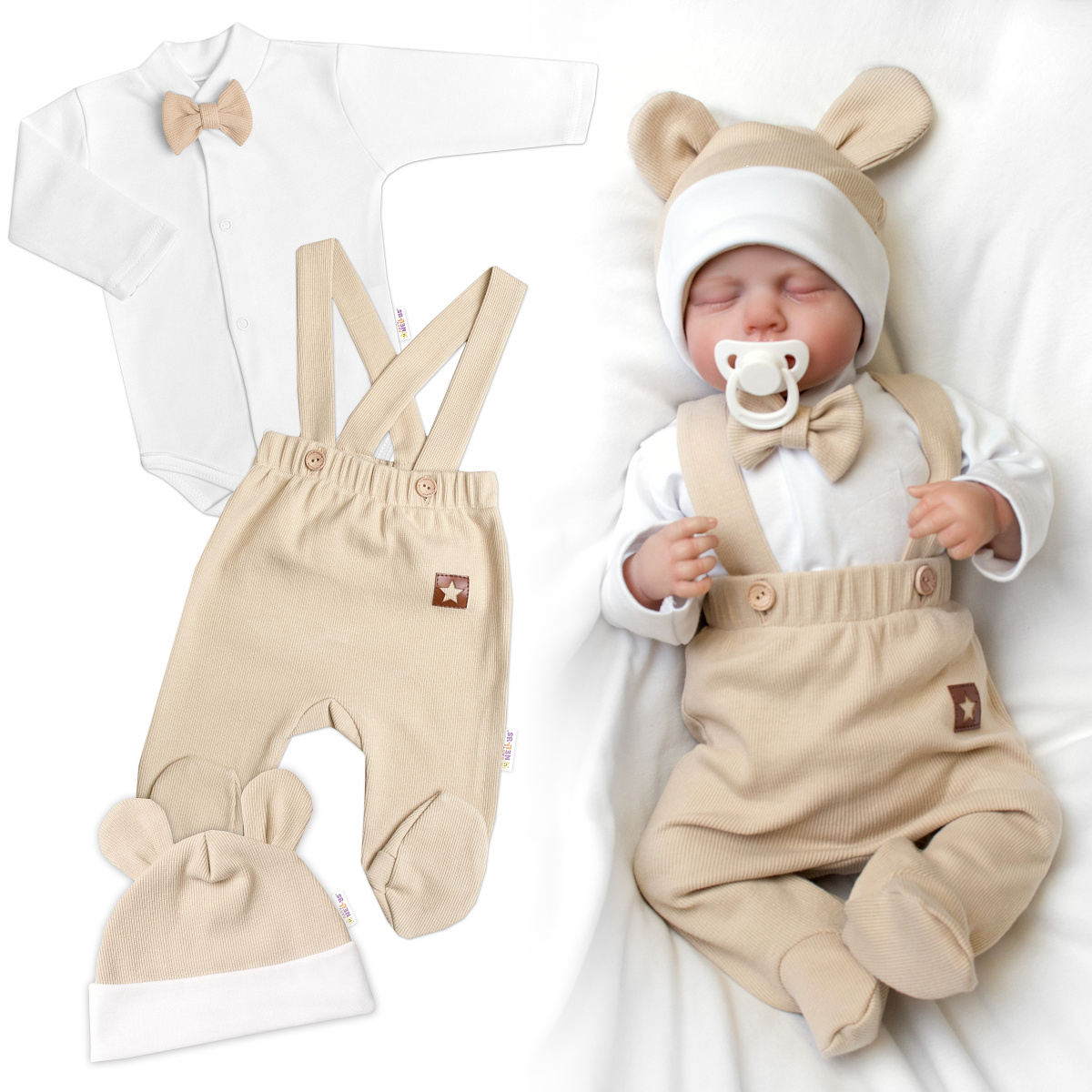 Bavlněná souprava Gentleman 3D, body, polodupačky s láclem + čepička, béžová/bílá