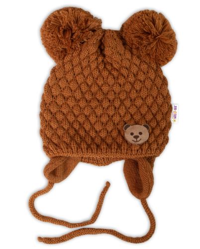 Zimní pletená čepice Teddy Bear na zavazování, hnědá, Baby Nellys (3)