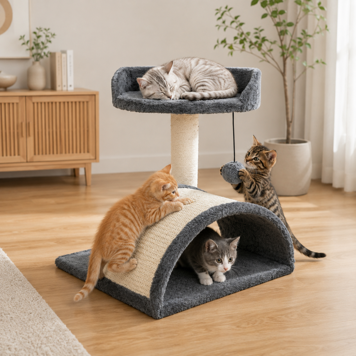 Škrabadlo pro kočky s úkrytem a míčkem na šňůrce 42 cm – MDF, sisal, tmavě šedá