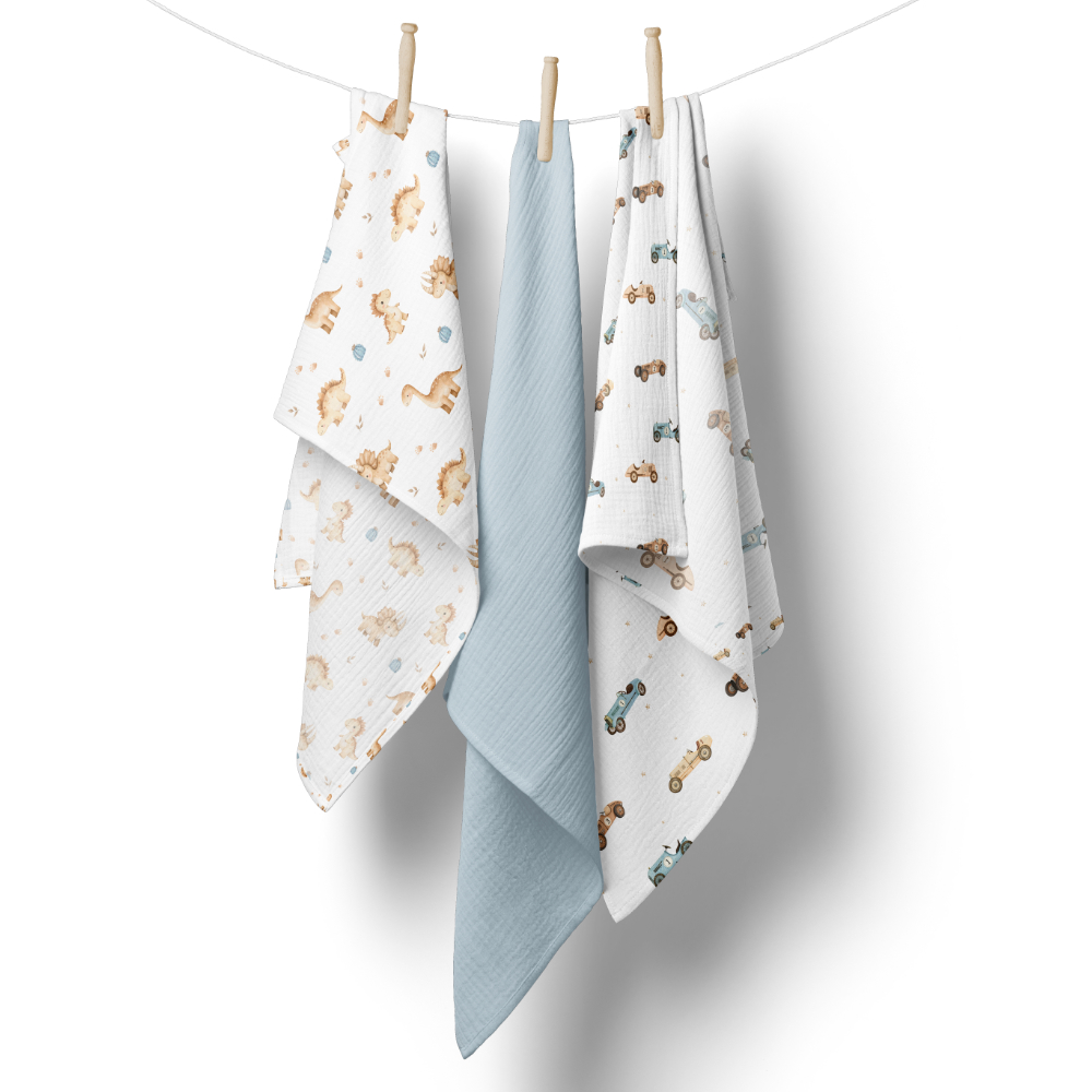 Mušelínové pleny pro miminko 3 ks 70 × 70 cm z jemné bavlny - modré, Auta a dinosauři