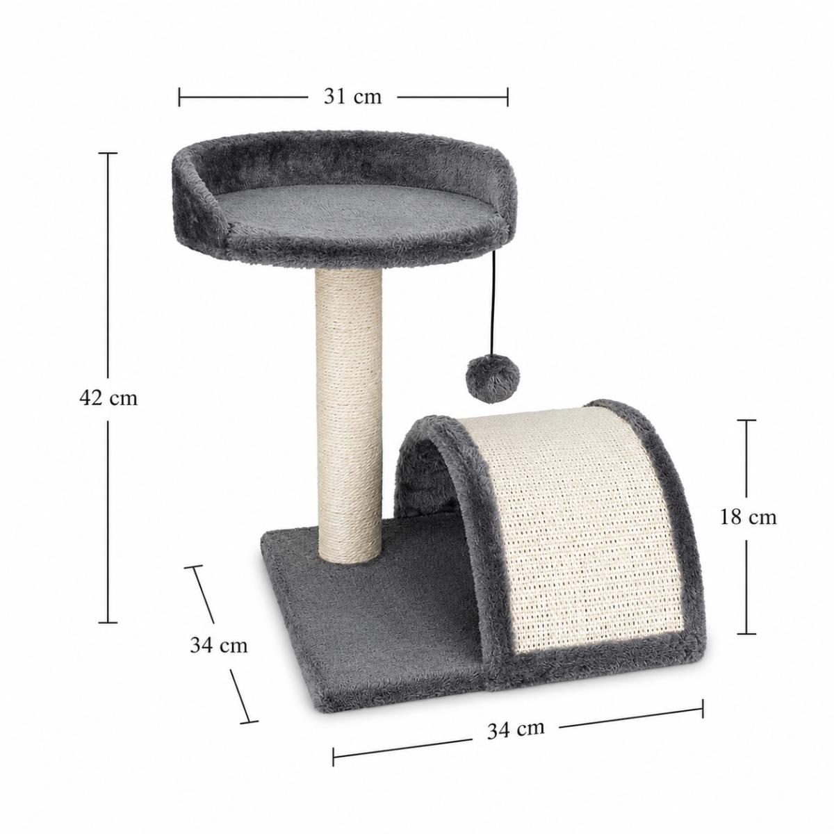 Škrabadlo pro kočky s úkrytem a míčkem na šňůrce 42 cm – MDF, sisal, tmavě šedá