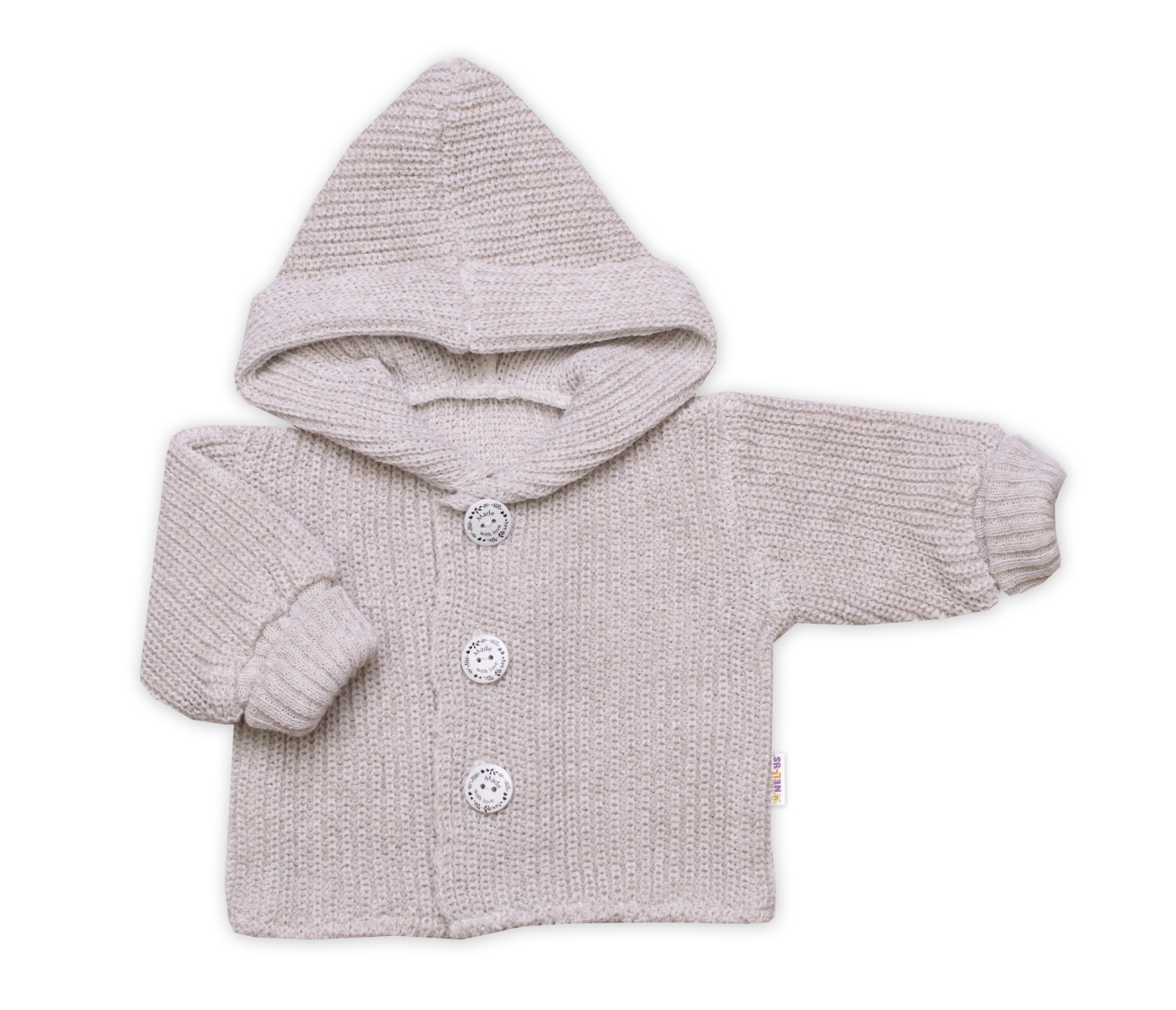 Pletený svetřík s kapucí a knoflíčky Made with Love, béžový melírek, vel. 68/74