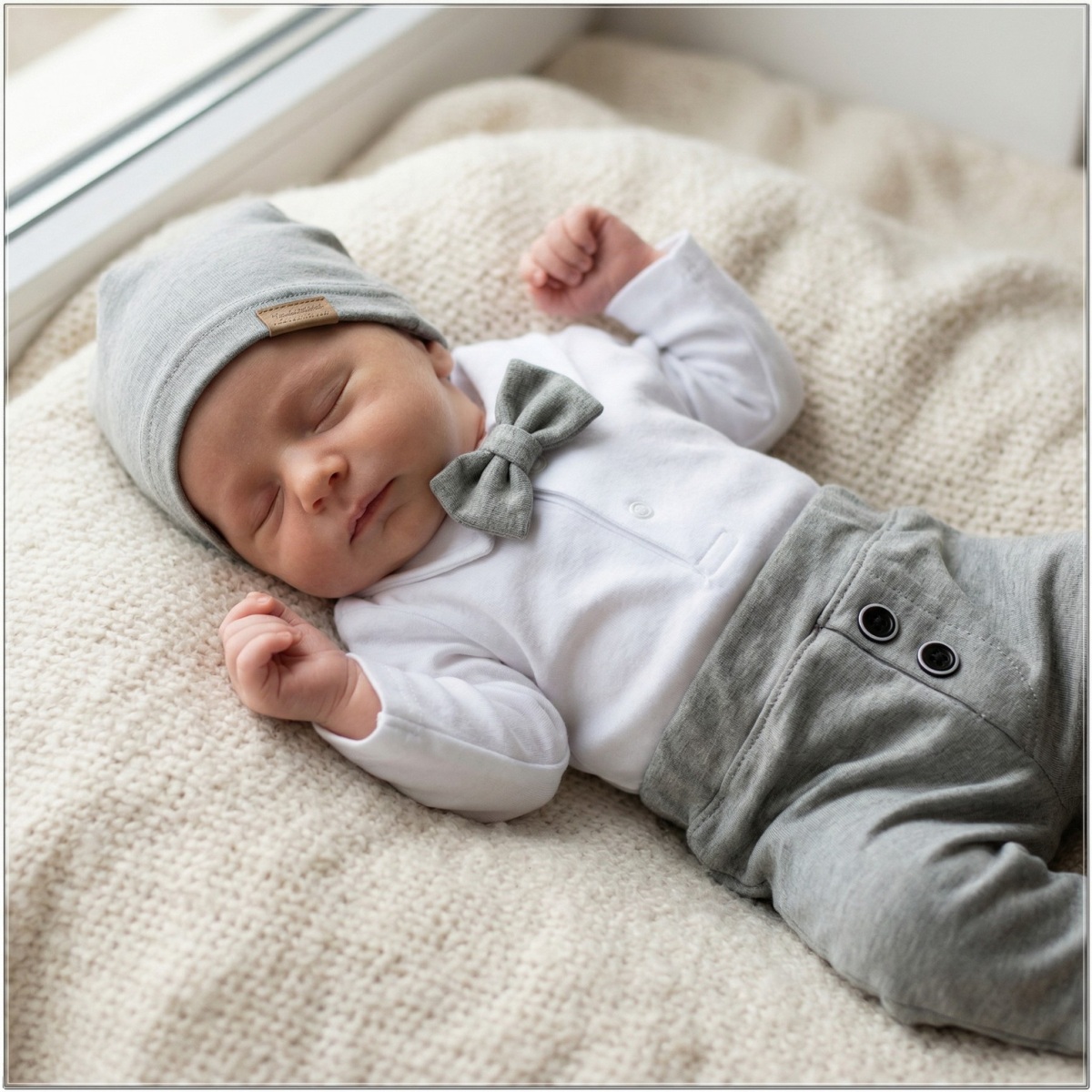 4-dílná sada Elegant Boy, body, kalhoty, motýlek a čepice, šedá/bílá, vel. 74