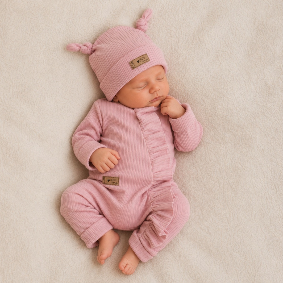 Kojenecká souprava Nature Girl – žebrovaný overal s čepičkou, 2D, bavlna, baby pink, 62