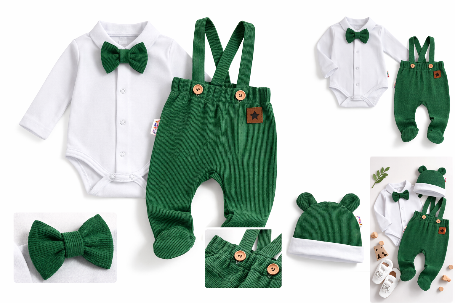 Bavlněná souprava Gentleman 3D, body, polodupačky s láclem, čepička, tm. zelená, 62