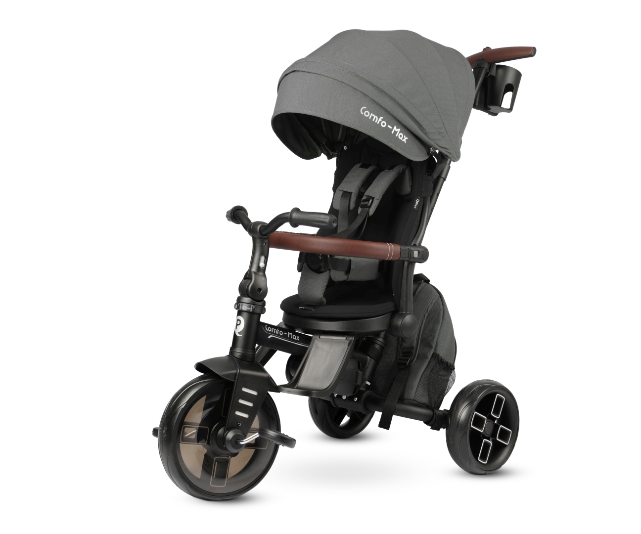 Dětská tříkolka s vodicí tyčí COMFO MAX, rostoucí tříkolka s otočným sedadlem, šedé