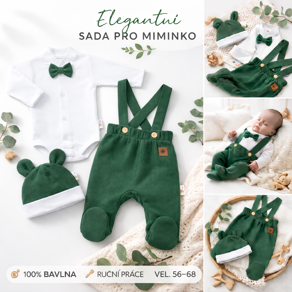 Bavlněná souprava Gentleman 3D, body, polodupačky s láclem, čepička, tm. zelená, vel. 68