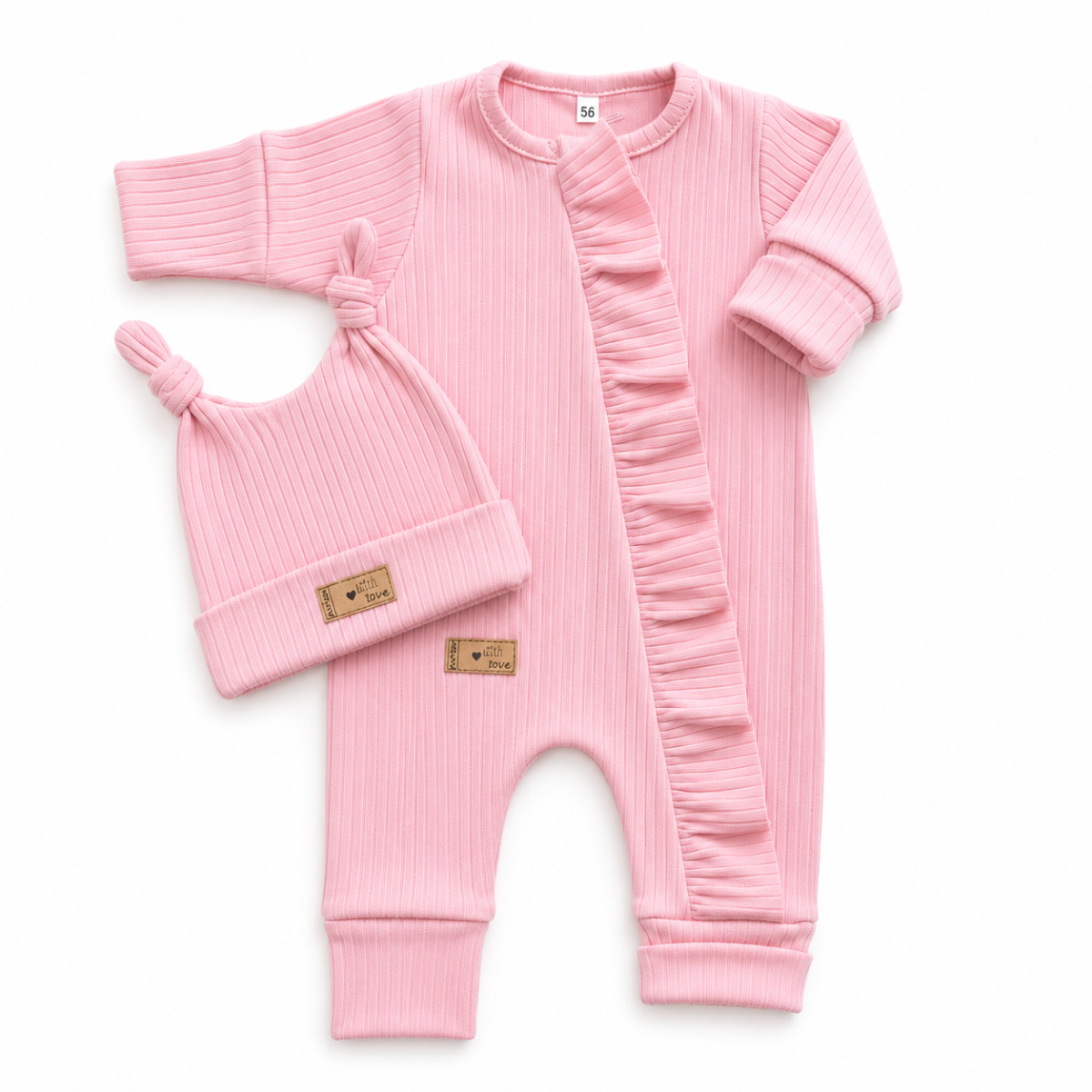 Kojenecká souprava Nature Girl – žebrovaný overal s čepičkou, 2D, bavlna, baby pink, 62