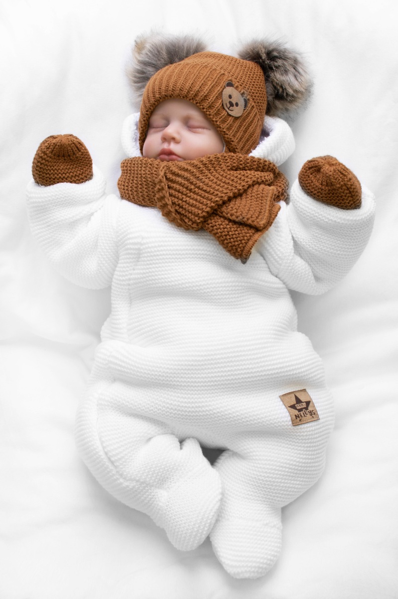 Dětská sada, zimní čepice s šálou + rukavičky 3D, Teddy Bear - hnědá