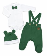 Bavlněná souprava Gentleman 3D, body, polodupačky s láclem, čepička, tm. zelená