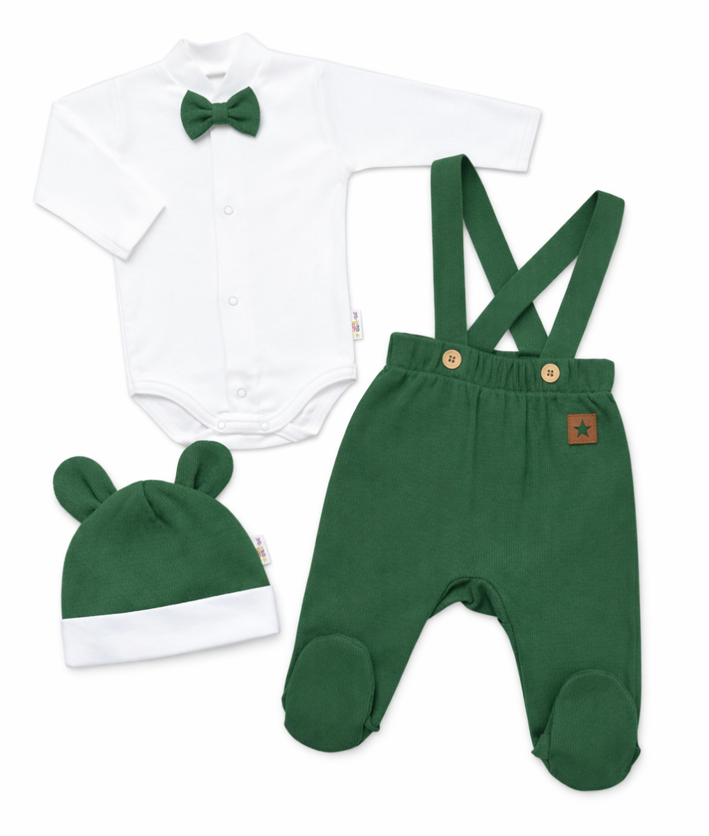 Bavlněná souprava Gentleman 3D, body, polodupačky s láclem, čepička, tm. zelená, vel. 68