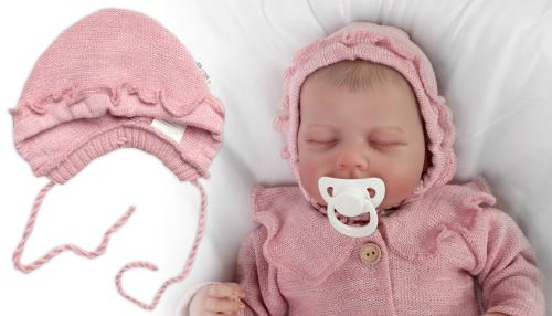 Pletená čepička na zavazování bonetka Girl, Hand Made Baby Nellys, pudrová, růžová (2)