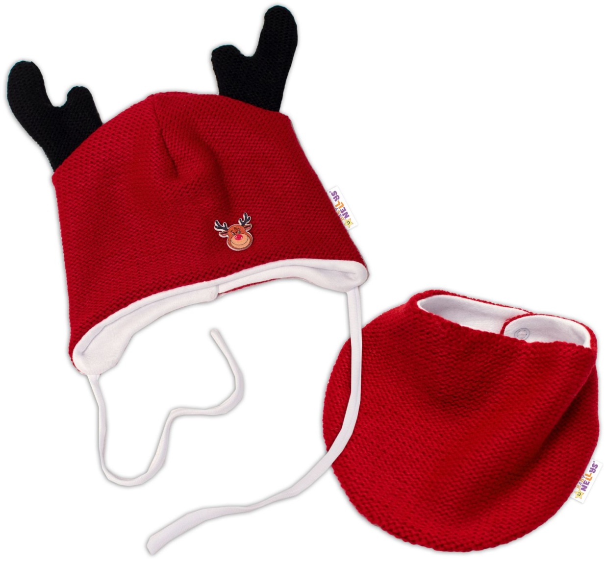 Baby Nellys Pletená dvouvrstvá čepice s šátkem Sobík, červená/bílá, vel. 68/74