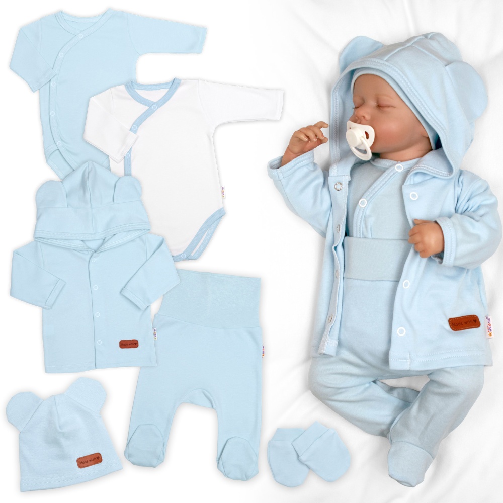 Bavlněná souprava pro miminko do porodnice 5D, Made with love, baby blue