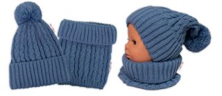 Zimní čepice s bambulí + komínek Baby Nellys - modrá, jeans, vel. 48-52cm Zimní čepice s bambulí + komínek Baby Nellys - modrá, jeans, vel. 48-52cm