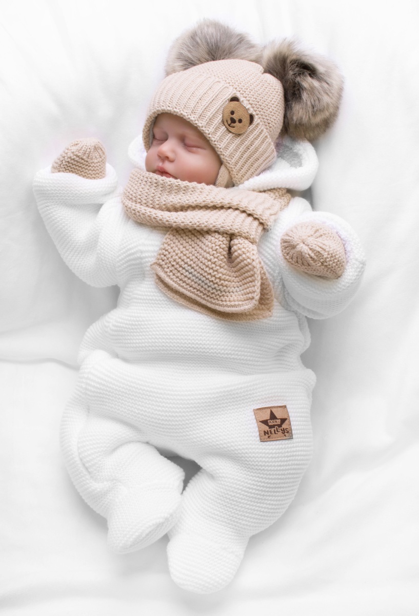 Dětská sada, zimní čepice s šálou + rukavičky 3D, Teddy Bear - béžová