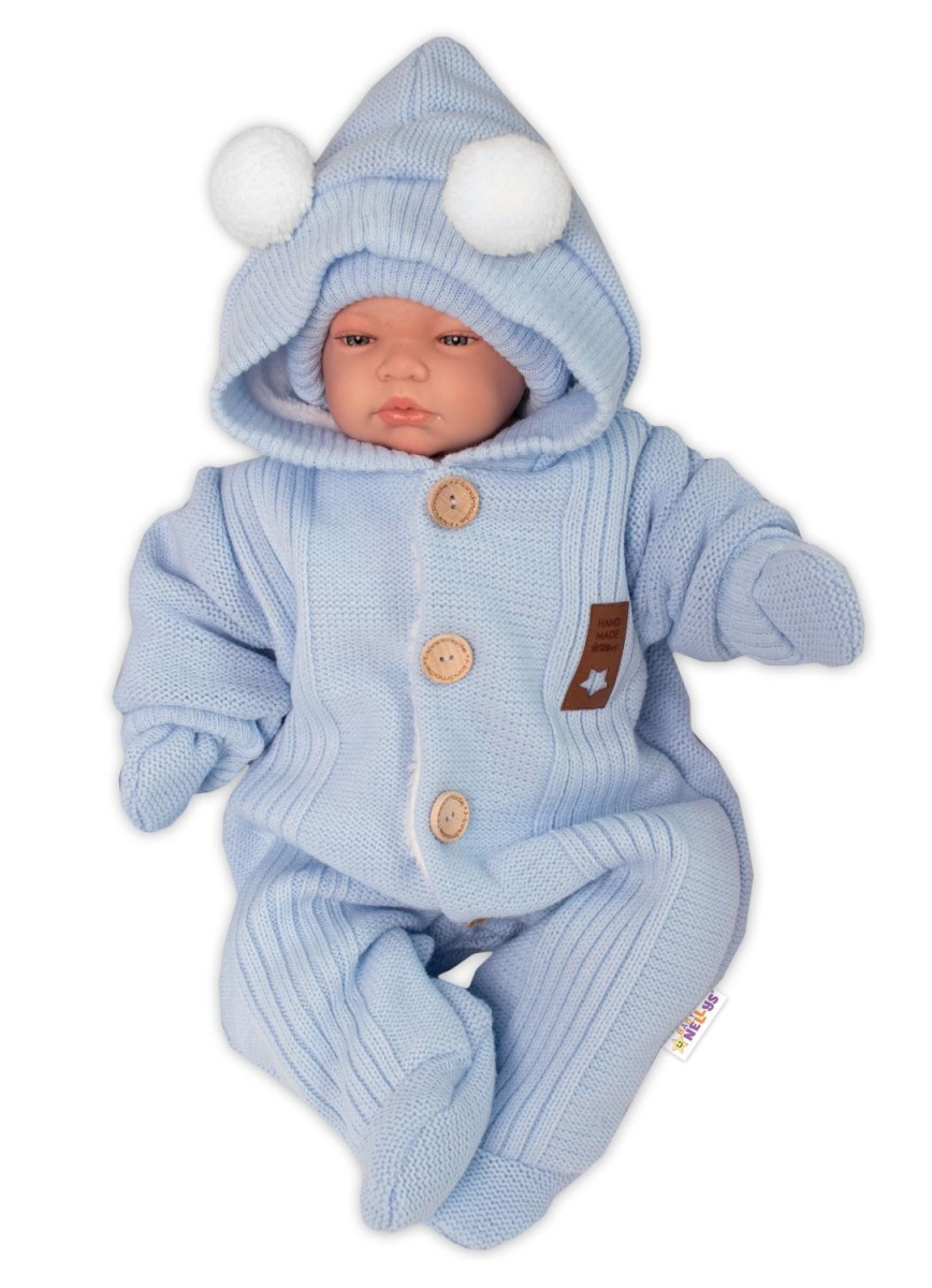 Baby Nellys Pletená kombinéza/overal LUX STAR s kožíškem - dvouvrstvá, sv. modrá