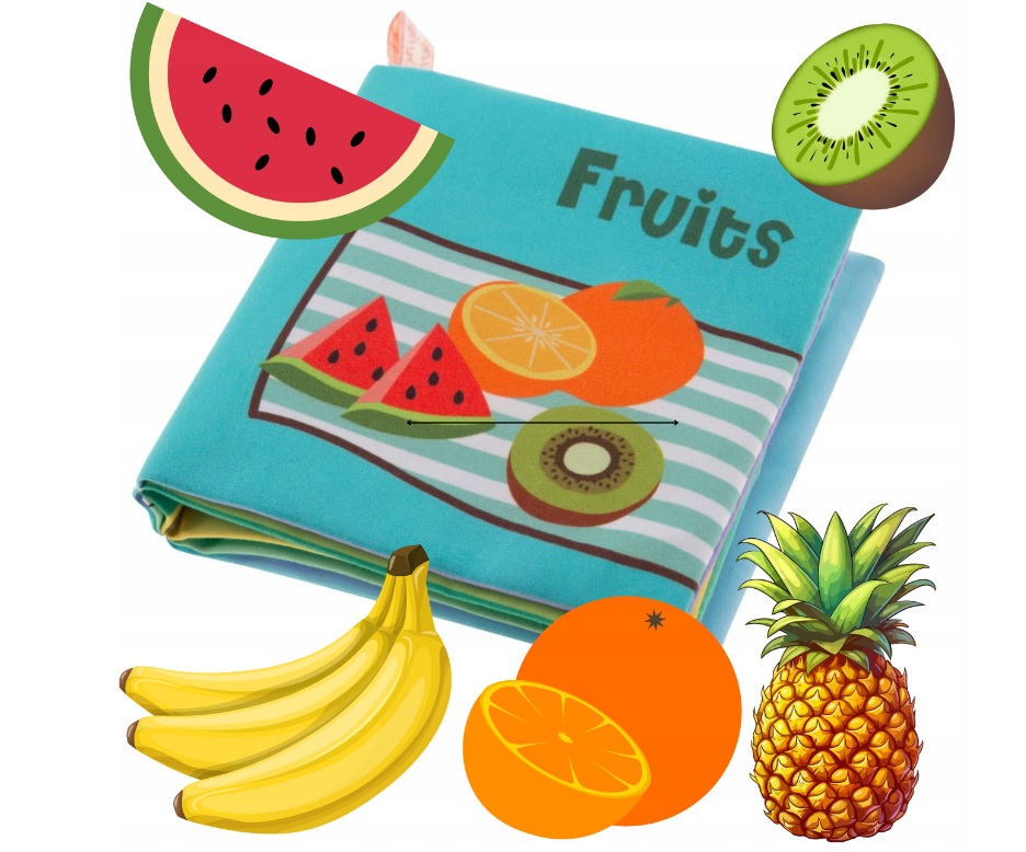 Měkká, šustící, kontrastní knížka pískací - Fruits