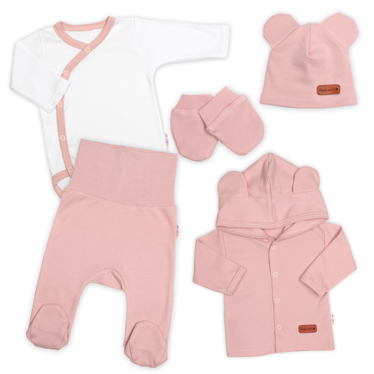 Bavlněná souprava pro miminko do porodnice 5D, Made with love, pudrová