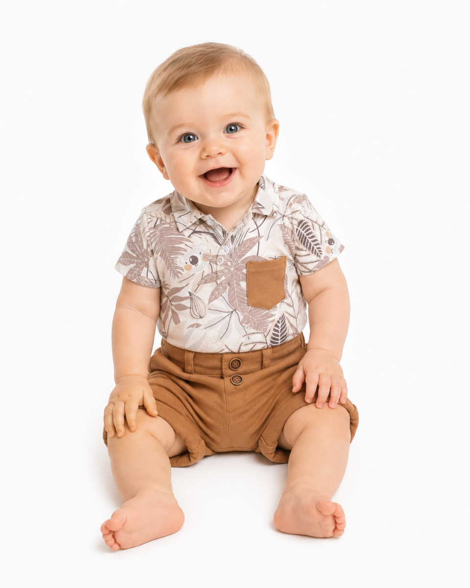 Baby Nellys 2-dílná sada body kr. rukáv, kraťásky, Koala - béžová, hnědá, vel. 92