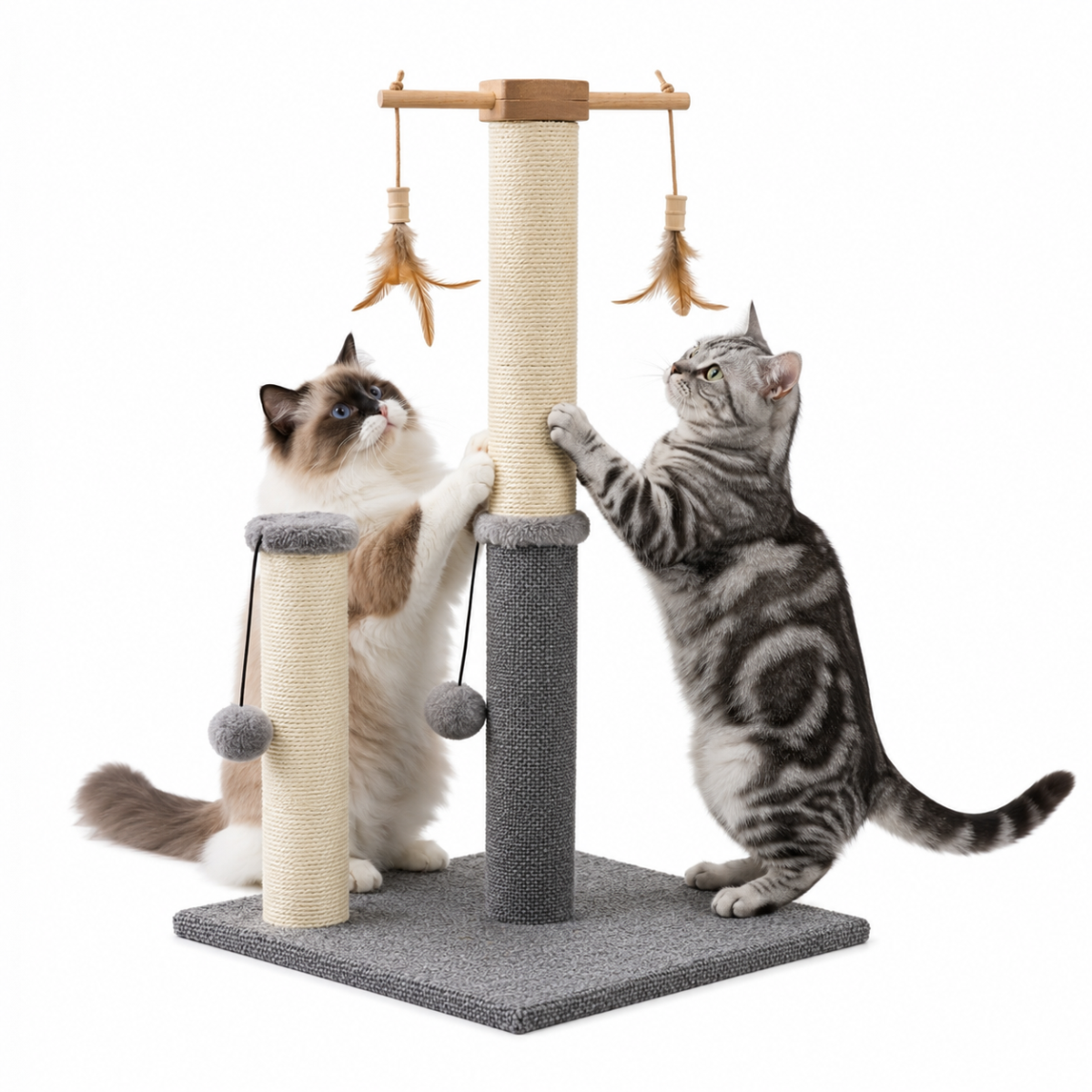 Škrabadlo pro kočky Cat Tree 73 cm – plyš, sisal, míčky, peříčka, béžovo-šedá