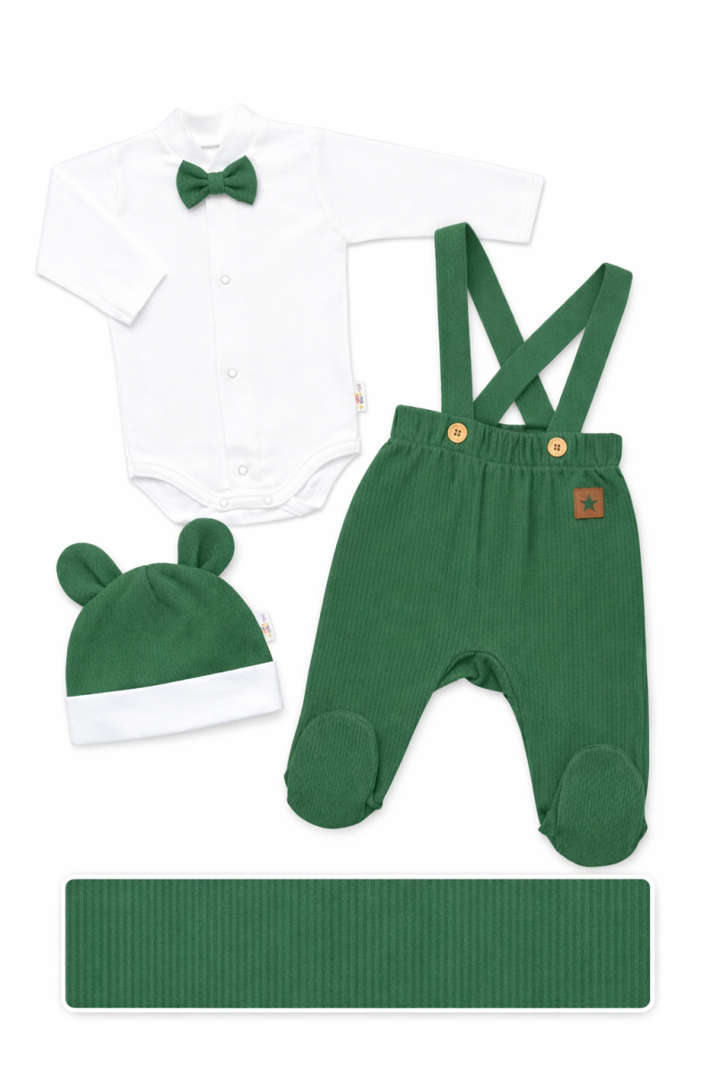 Bavlněná souprava Gentleman 3D, body, polodupačky s láclem, čepička, tm. zelená, vel. 68