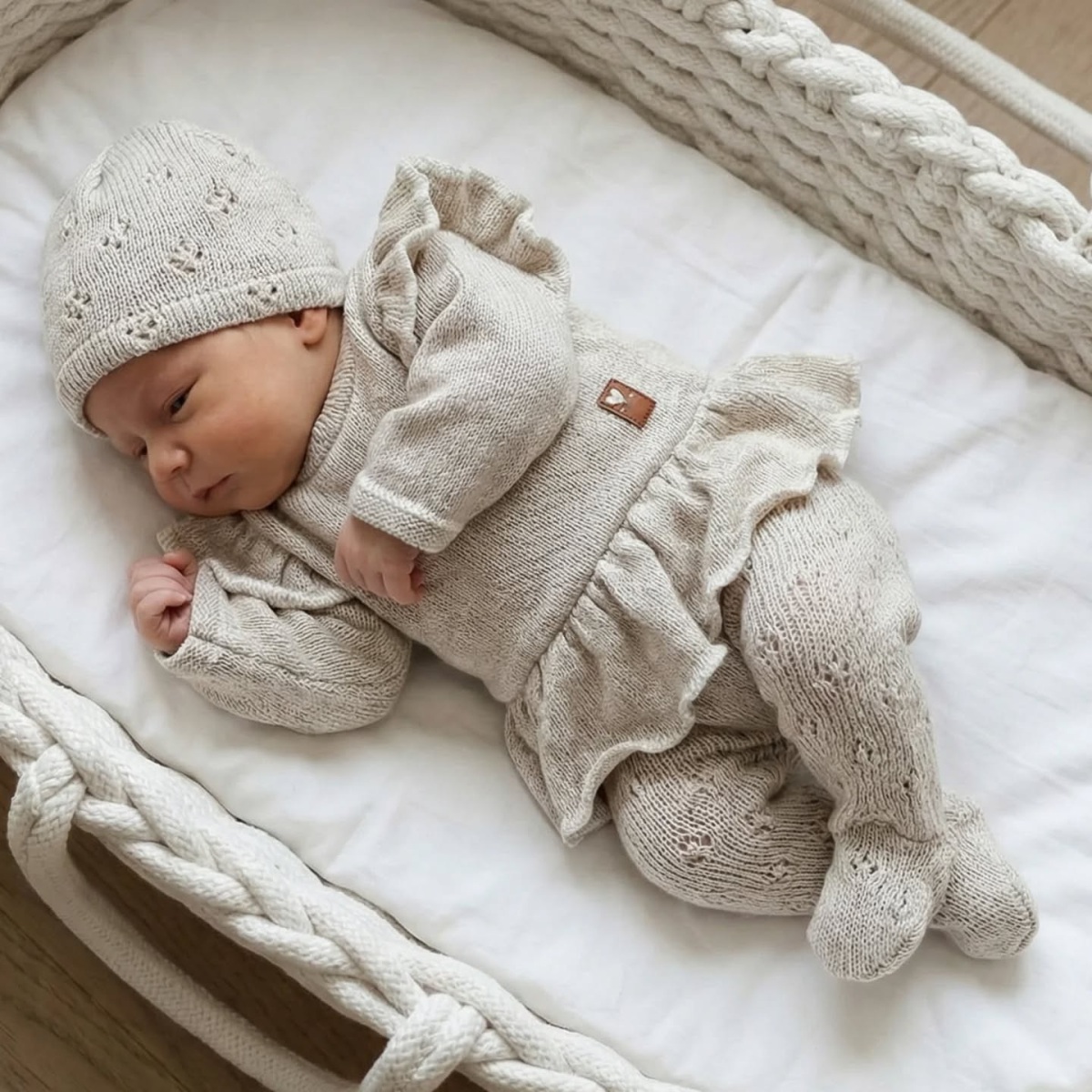 Pletená ažurková sada 4D, tunika, polodupačky, čepička + čelenka, oříšková, vel. 68