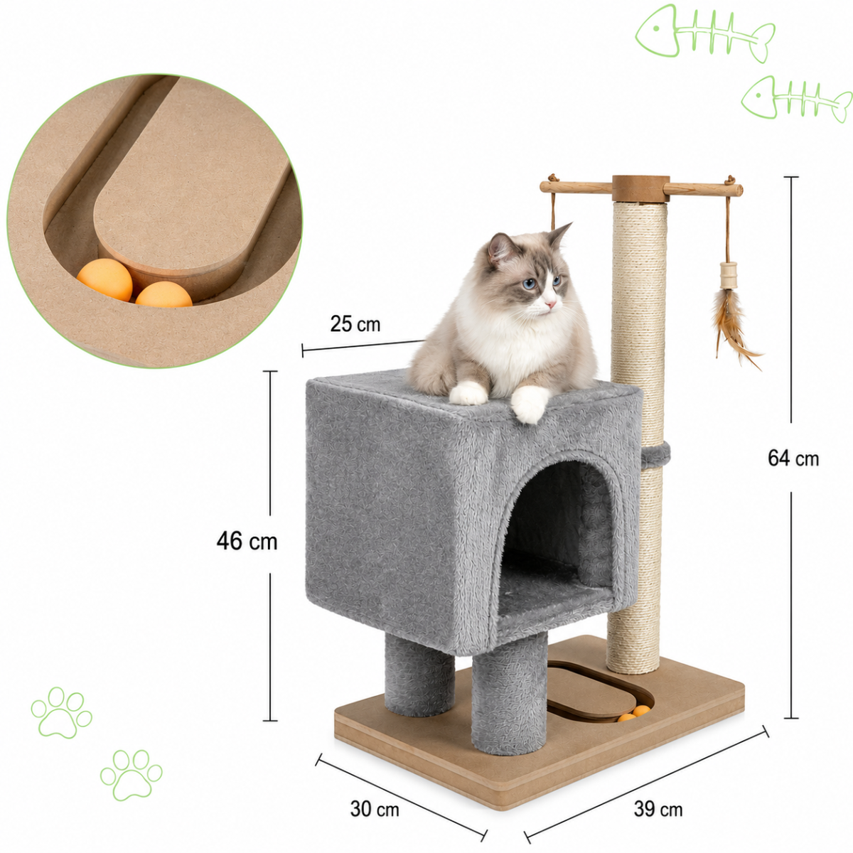 Škrabadlo pro kočky Cat Tree 64 cm s úkrytem – MDF, sisal, plyš, světle šedá