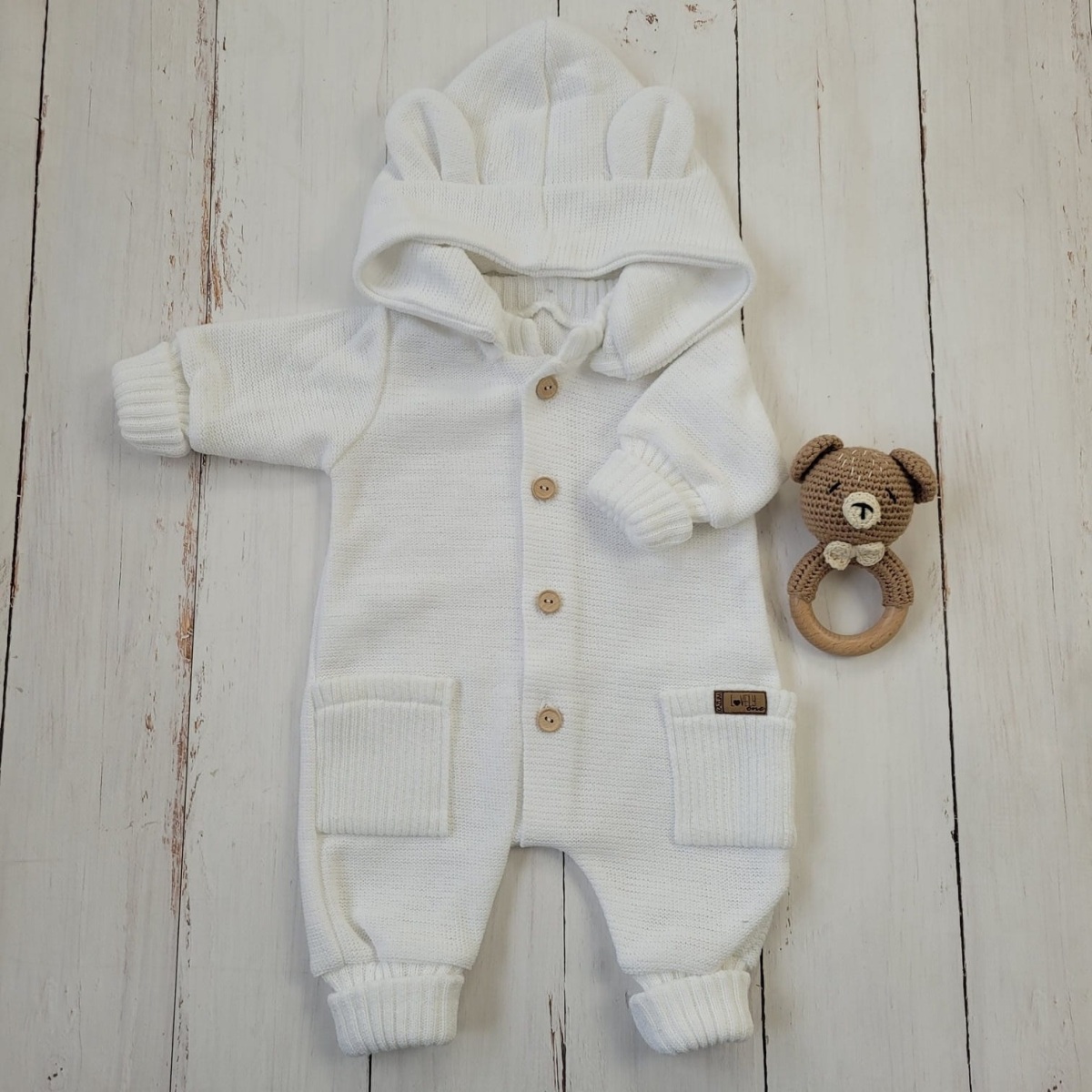 Dětský pletený overálek s odepínací kapucí - kokosově bílý, 80/86