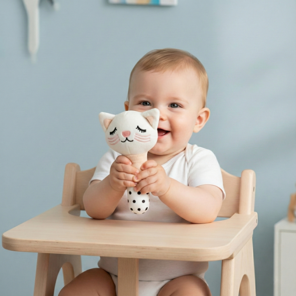 Plyšová senzorická spirála + plyšové pískátko Kočička - růžová, bílá