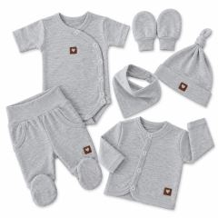 Sada do porodnice 6D, body, polodupačky, košilka, čepička, rukavičky, šátek, šedá Sada do porodnice 6D, body, polodupačky, košilka, čepička, rukavičky, šátek, šedá