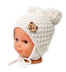 Zimní pletená čepice Teddy Bear na zavazování, ecru, béžová, Baby Nellys