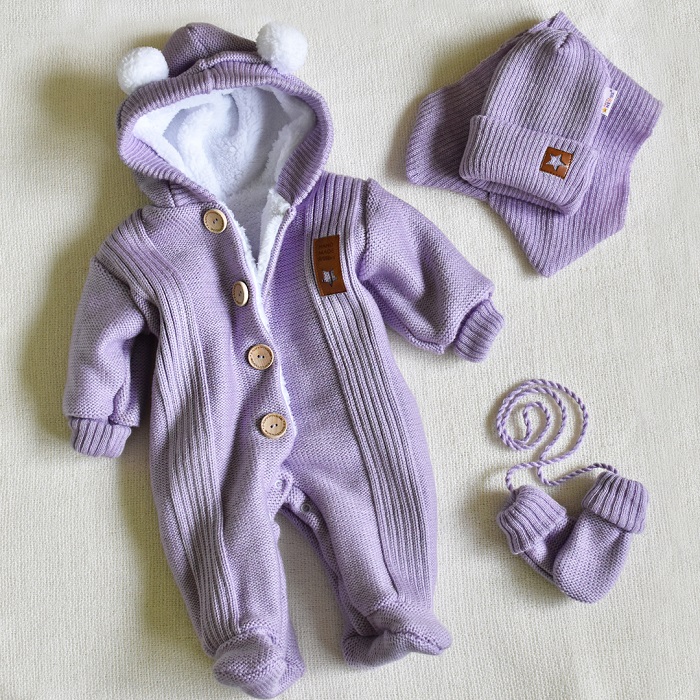 Baby Nellys Pletená kombinéza/overal LUX STAR s kožíškem - dvouvrstvá, fialová, vel. 74