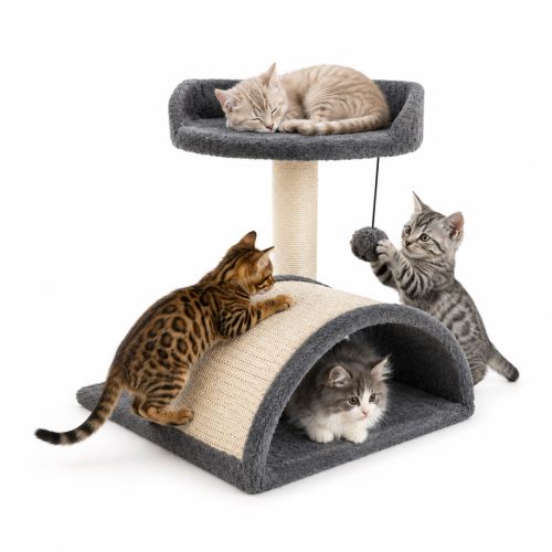 Škrabadlo pro kočky s úkrytem a míčkem na šňůrce 42 cm – MDF, sisal, tmavě šedá (5)