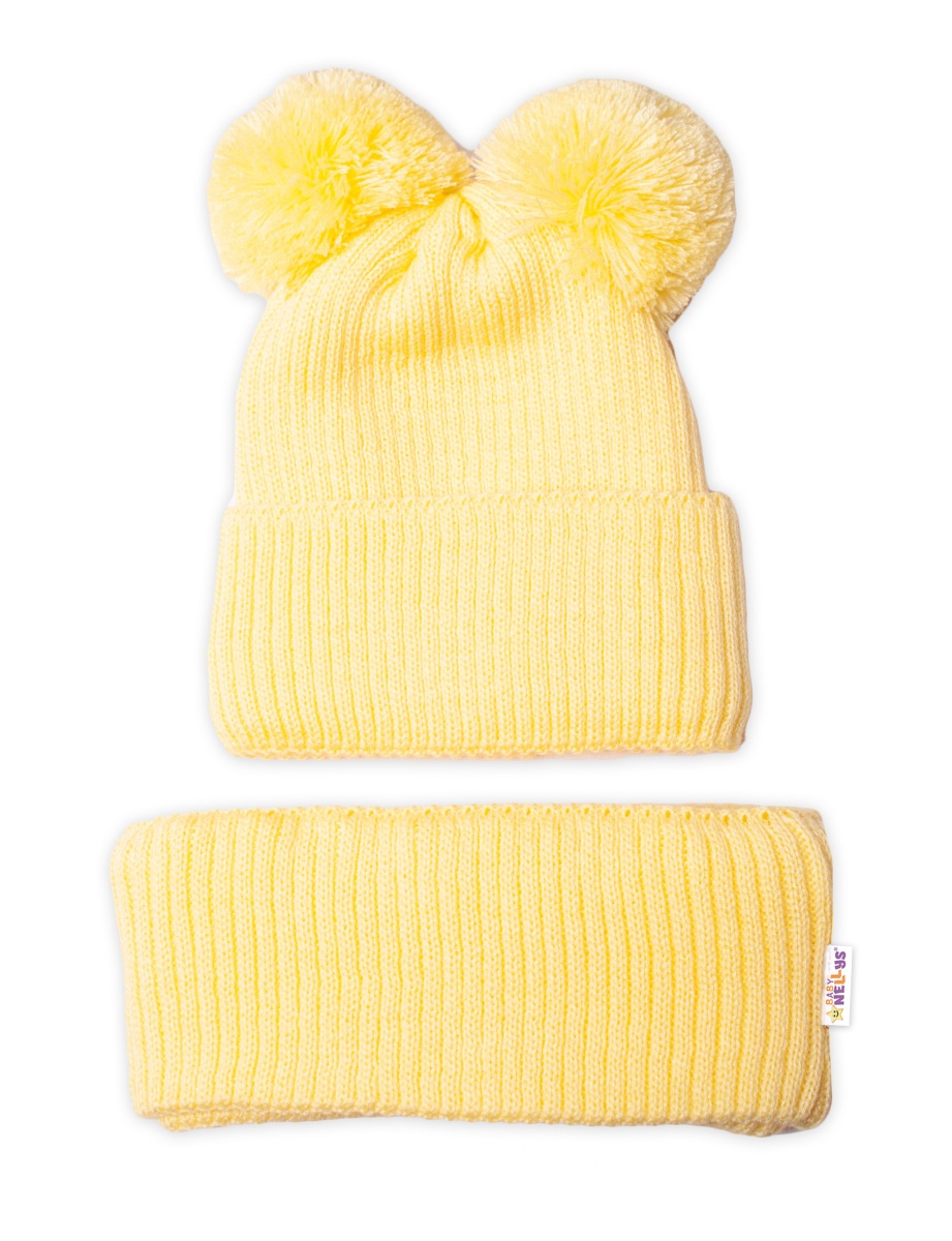BABY NELLYS Zimní pletená čepice + nákrčník - žlutá s bambulkami