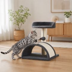 Škrabadlo pro kočky s úkrytem a míčkem na šňůrce 42 cm – MDF, sisal, tmavě šedá (4)