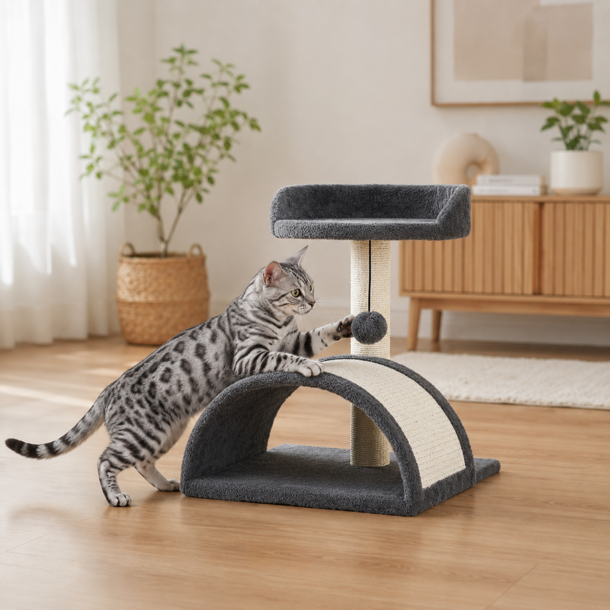 Škrabadlo pro kočky s úkrytem a míčkem na šňůrce 42 cm – MDF, sisal, tmavě šedá