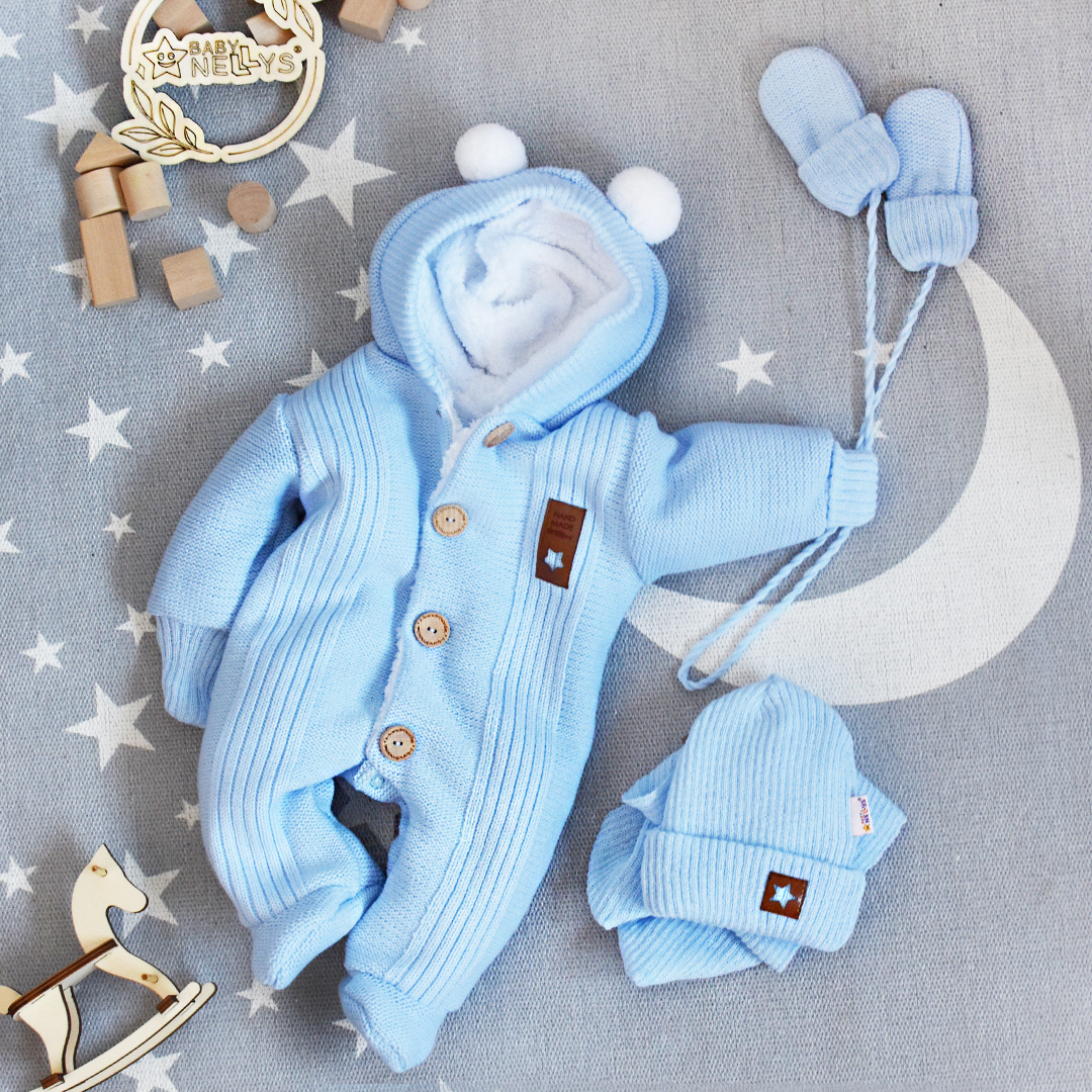 Baby Nellys Pletená kombinéza/overal LUX STAR s kožíškem - dvouvrstvá, sv. modrá