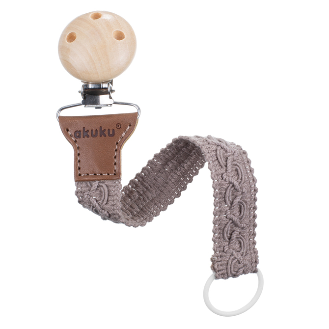 Řetízek na dudlík Akuku hnědý – bavlněná stužka s dřevěným klipem